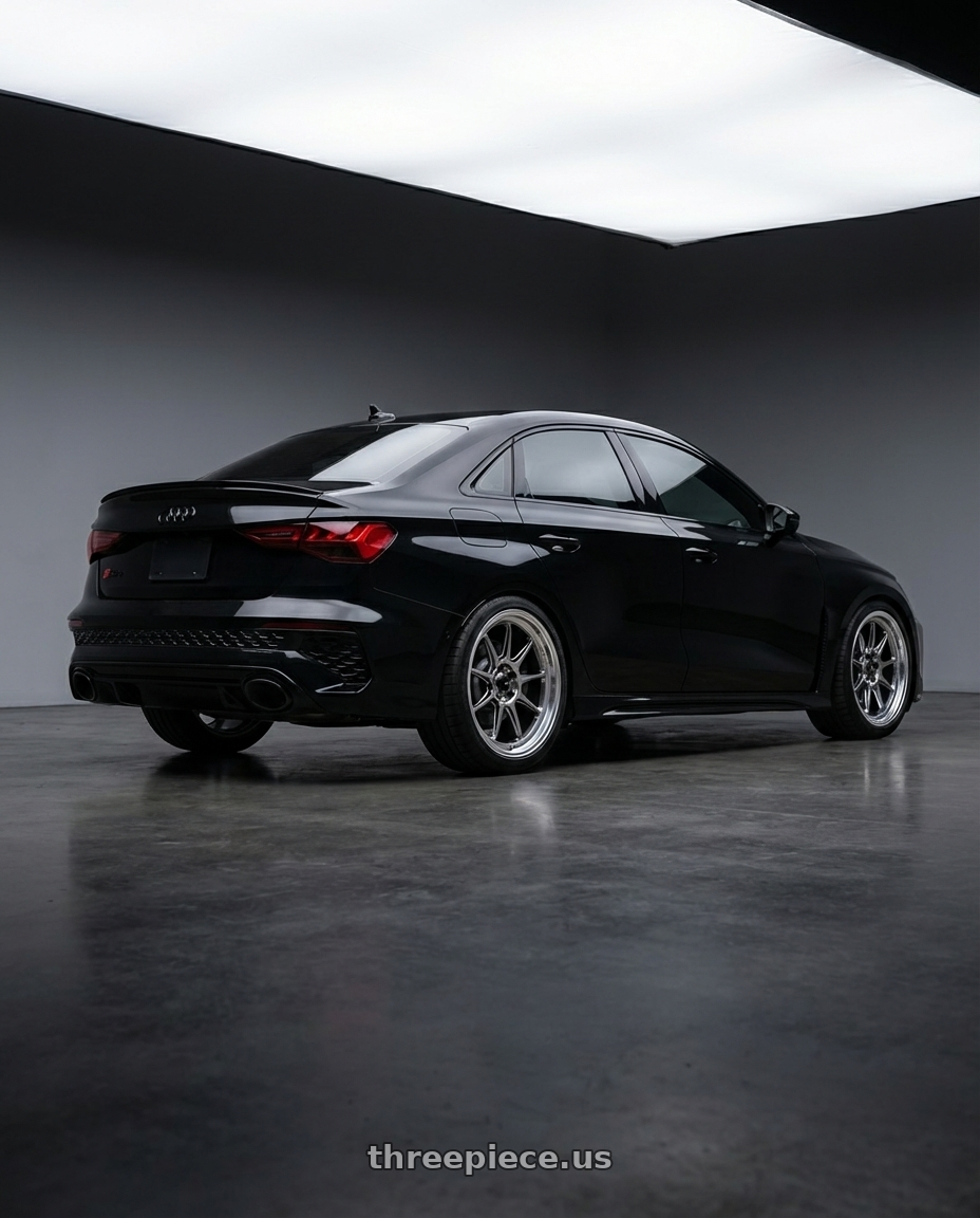 2022 Audi RS3 8Y with Konig Countergram 5x112 19x11+40 Hyper Chrome / Machined Lip wheels rear three quarter view square tires