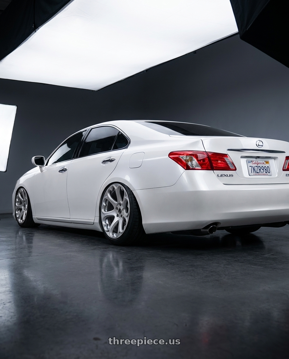 2012 Lexus es 350 with Heritage Wheel Kokoro Monoc 5X114.3 18x8.5+35 Silver wheels rear three quarter view meaty tires