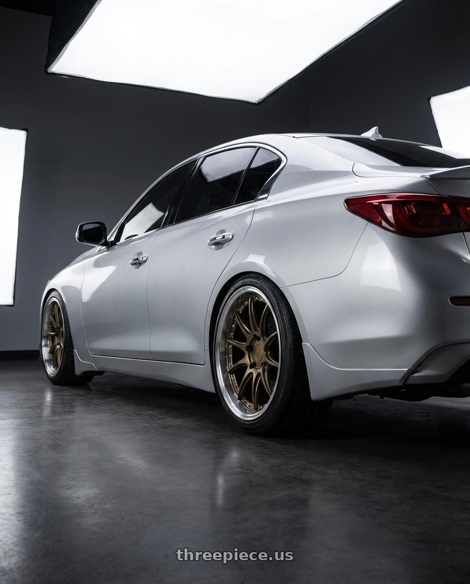 2019 Infiniti Q50 with Aodhan DS07 5x114.3 19x11+22 Bronze w/Machined Lip wheels rear three quarter view square tires