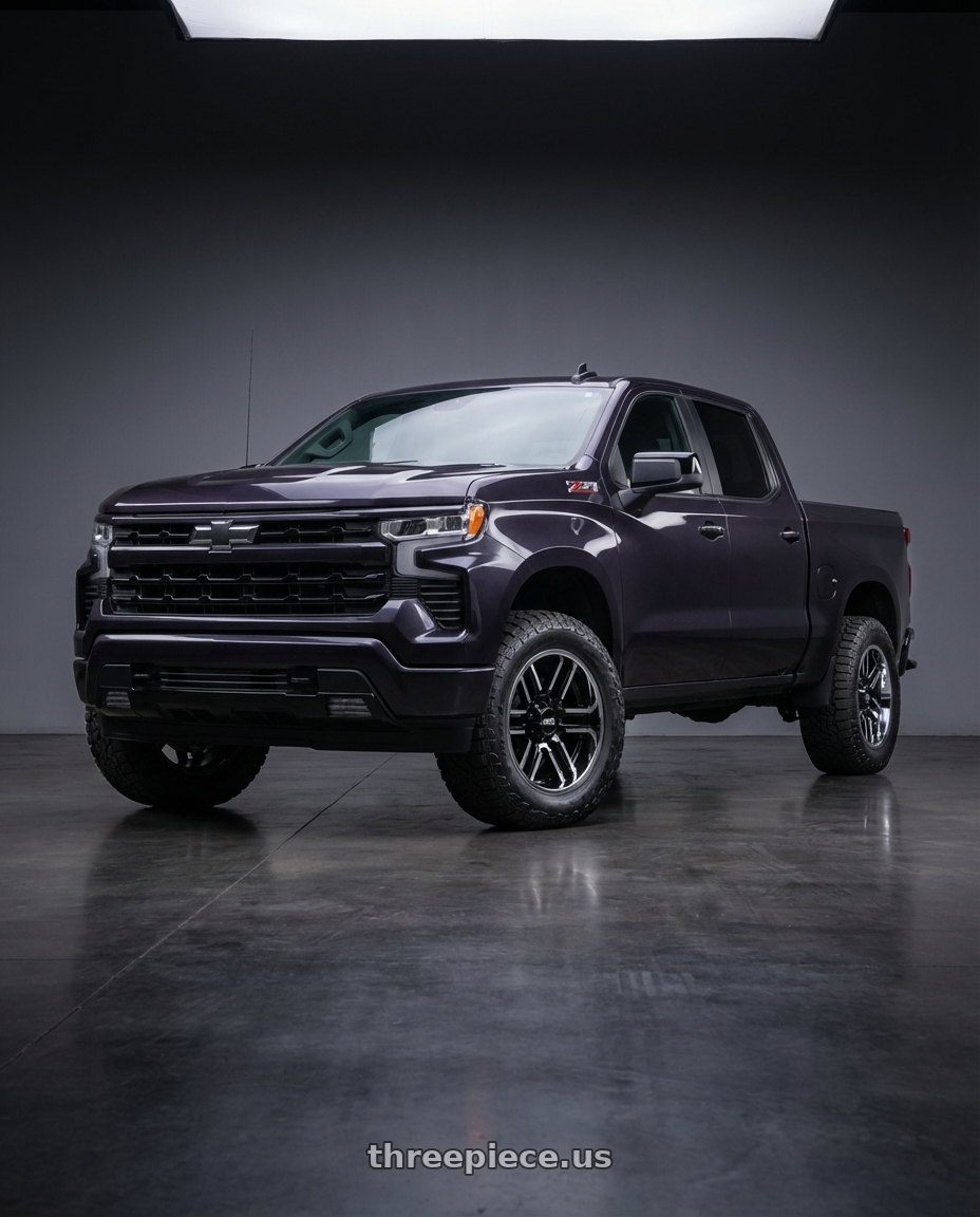 2023 Chevrolet Silverado 1500 with Moto Metal MO202 6X139.7 20X10 -18 GLOSS BLACK MACHINED CENTER CHROME LIP wheels