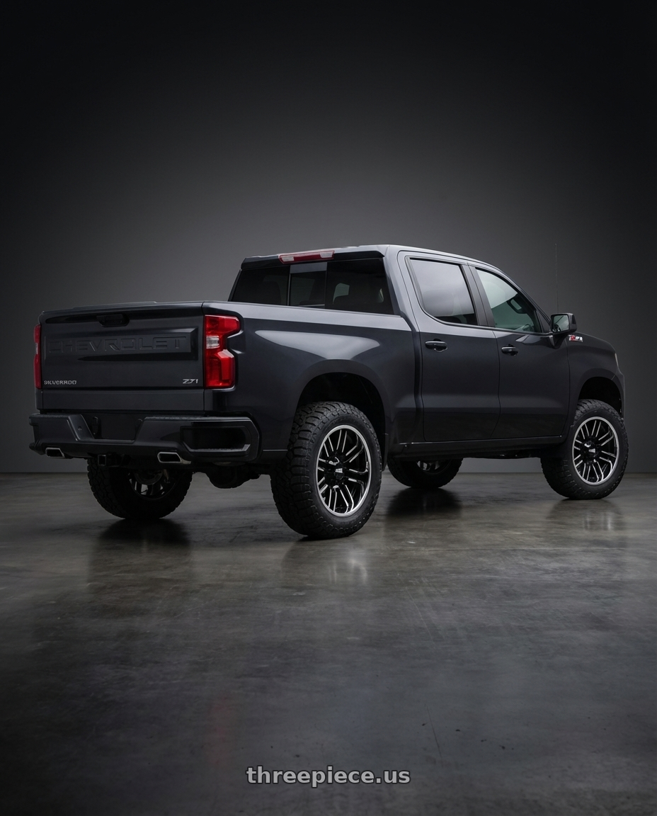 2023 Chevrolet Silverado 1500 with Moto Metal MO202 6X139.7 20X10 -18 GLOSS BLACK MACHINED CENTER CHROME LIP wheels rear three quarter view meaty tires