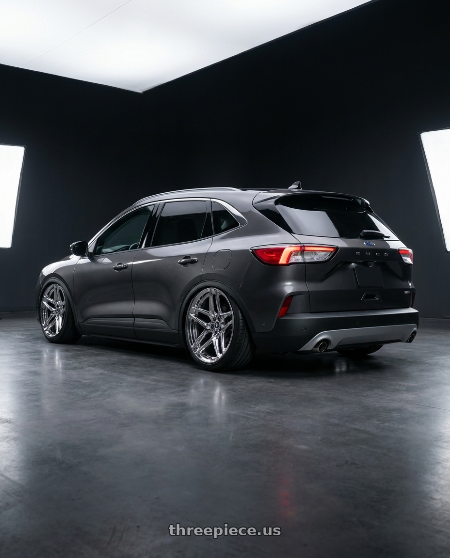 2025 ford kuga with HERITAGE WHEEL EBISU MONOC 5x120 20x9 +25 CHROME wheels rear three quarter view extreme stretch tires