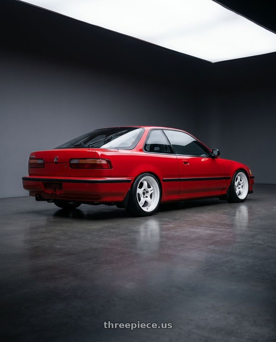 1990 Acura Integra with Work Meister S1 2P 4x100 15x6.5+45 R Disk Black wheels rear three quarter view square tires