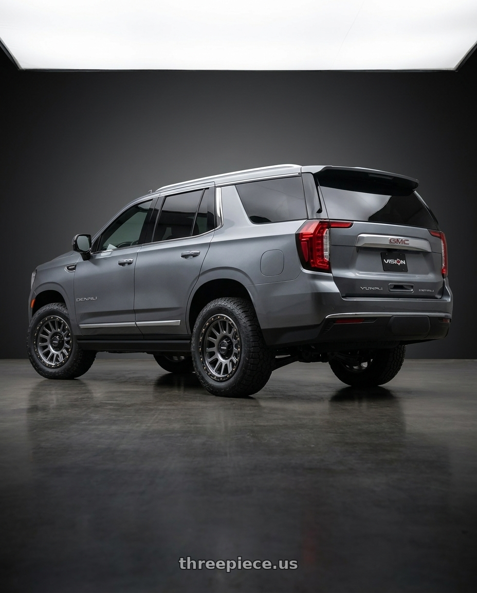 2021 GMC Yukon Denali with Vision Off-Road 111 Nemesis 6x139.7 20x9+12 Gunmetal wheels rear three quarter view square tires