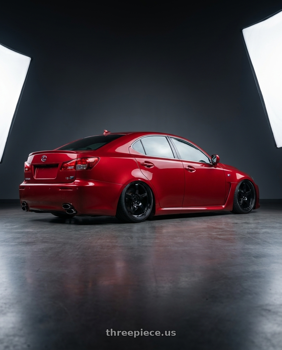 2012 Lexus IS-F with Gram Lights 57CR 5x114.3 19x8.5+35 Glossy Black wheels rear three quarter view slight stretch tires