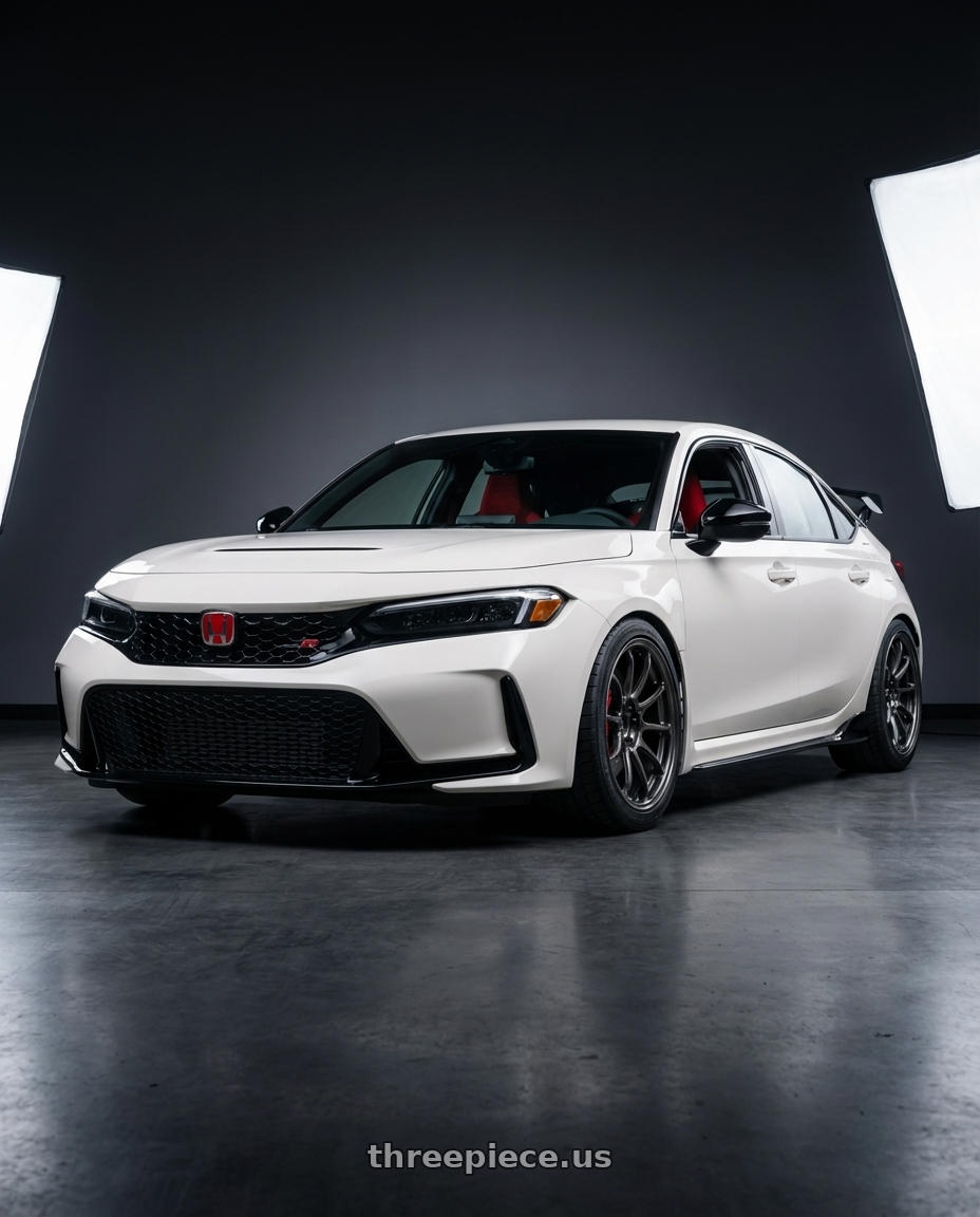 2024 Honda Civic Type R with Volk Racing ZE40 M-SPEC 5x114.3 19x10.5 +22 DIAMOND DARK GUNMETAL wheels front three quarter view lowered stance