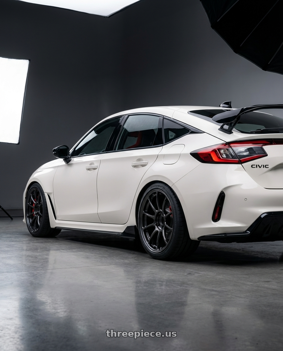 2024 Honda Civic Type R with Volk Racing ZE40 M-SPEC 5x114.3 19x10.5 +22 DIAMOND DARK GUNMETAL wheels rear three quarter view square tires