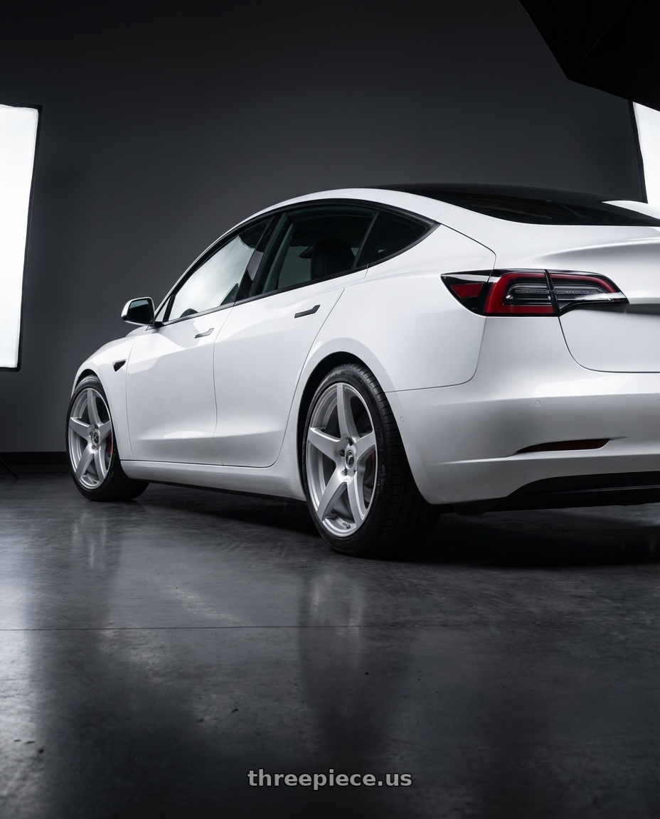 2023 Tesla Model 3 with Forgestar CF5 5x114.3 19x9 +35 Gloss Silver wheels rear three quarter view square tires