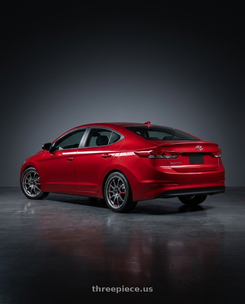 2017 Hyundai Elantra with Volk Racing CE28SL 5x114.3 17x7.5+48 wheels rear three quarter view square tires