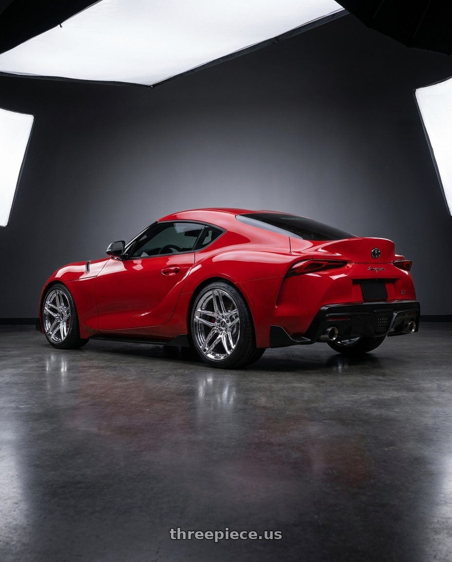2020 Toyota GR Supra with HERITAGE WHEEL EBISU MONOC 5x112 19x9.5 +38 CHROME wheels rear three quarter view square tires