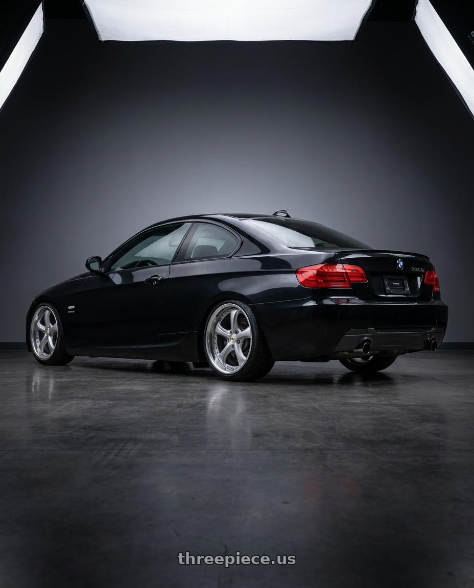 2013 bmw 335is black with Work Wheels VS-KF 5x120.65 18x11+28 Light Grey Silver A Disk FULL REVERSE wheels rear three quarter view slight stretch tires