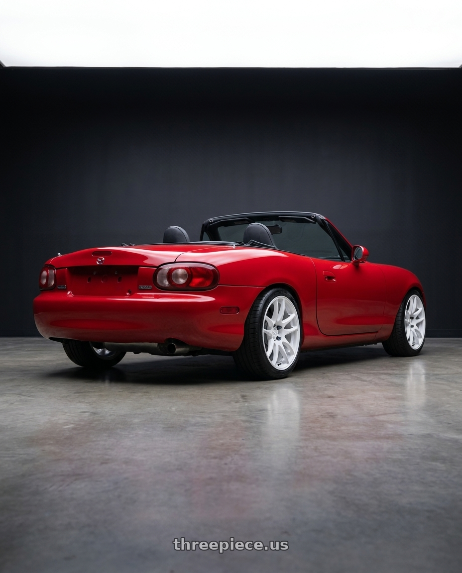 2004 mazda miata with Work Emotion Cr Kiwami 4x100 15x8 +5 White wheels rear three quarter view square tires