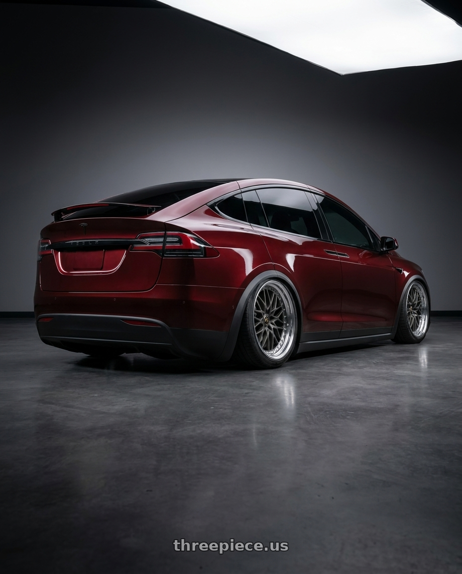 2022 Tesla Model X with Work Vs-Xv 5x120 21x9.5+40 O Disk Matte Dark Gunmetal wheels rear three quarter view square tires