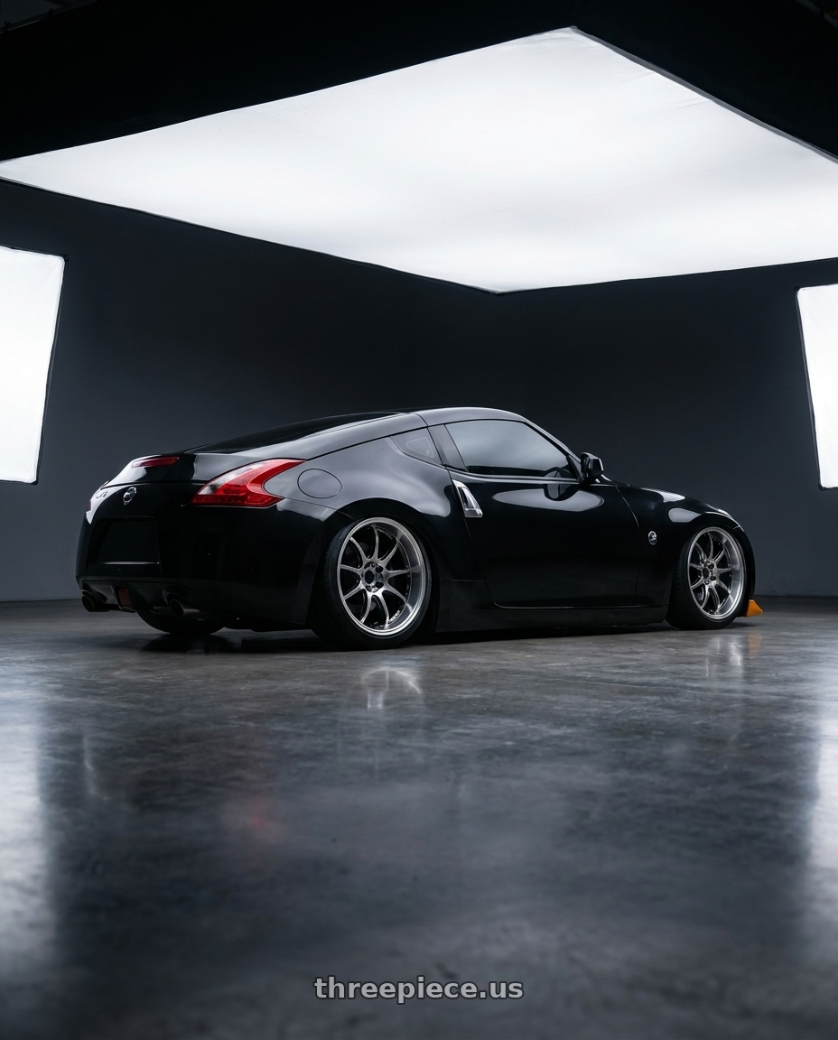 2009 nissan 370z with Work Emotion D9r 5x100 19x10.5 +15 Gt Silver Rim Cut wheels rear three quarter view slight stretch tires