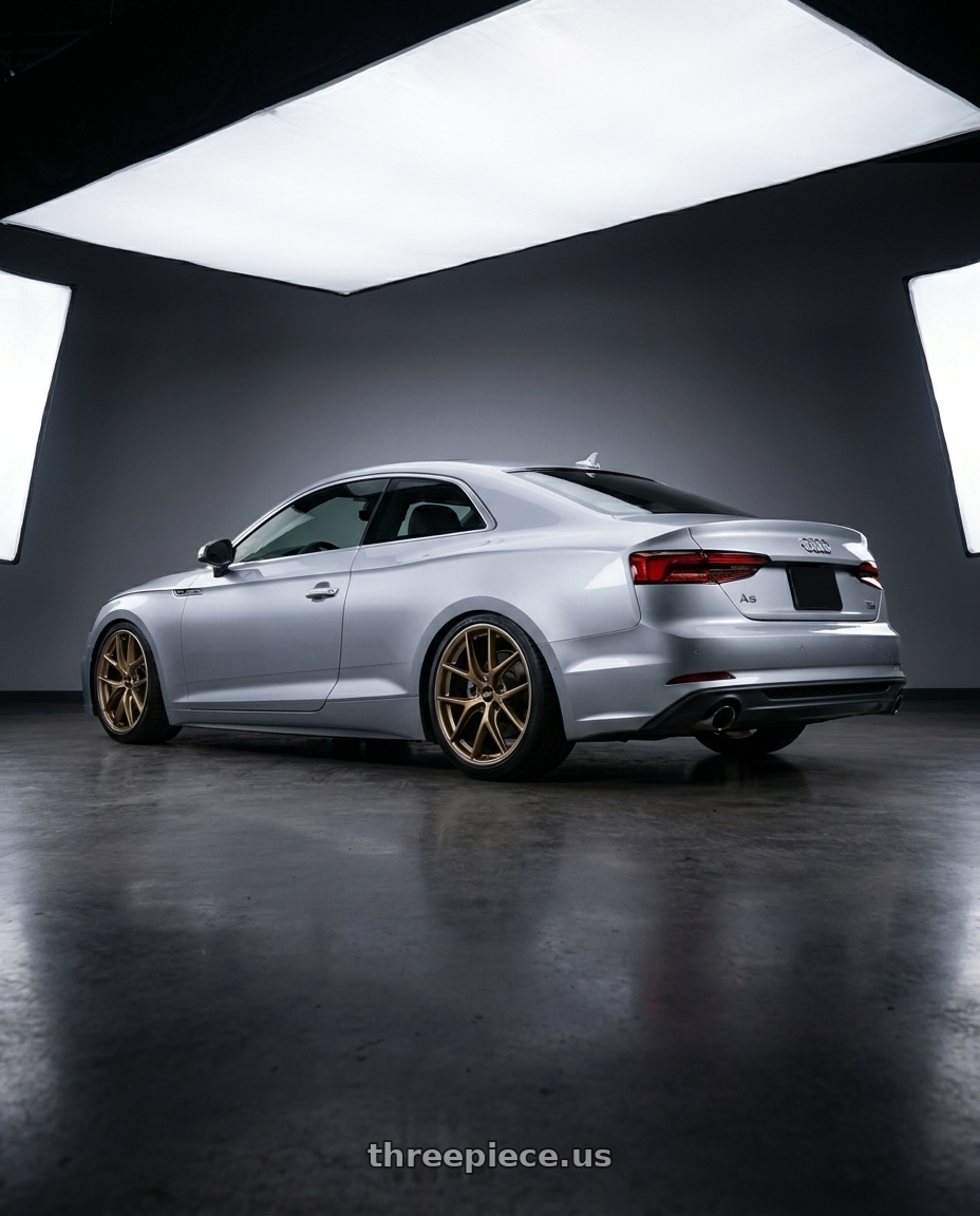 2018 Audi A5 with BBS CI-R 5x112 19x8.5 +32 Bronze Polished Rim Protector wheels rear three quarter view square tires