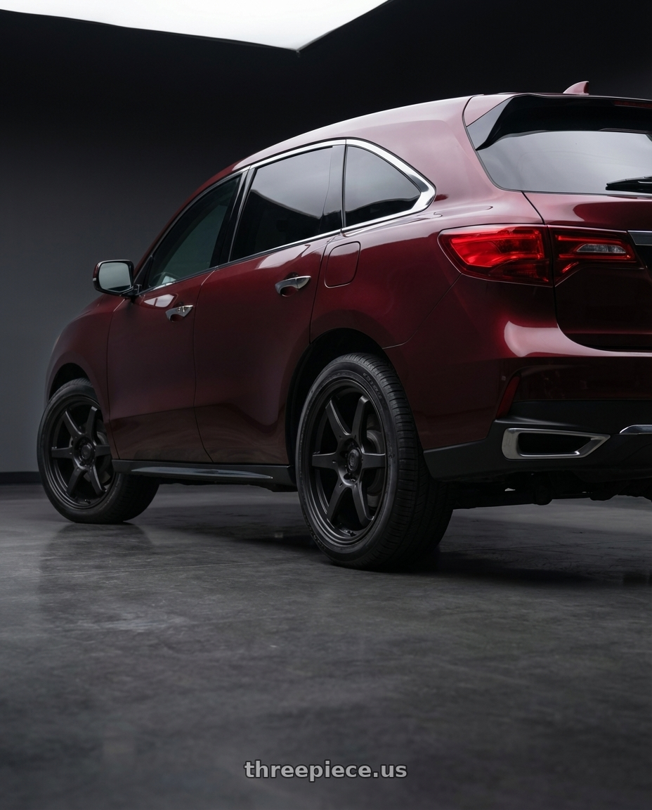 2018 Acura MDX with Konig Backbone 5x114.3 18x8+35 Matte Black Milling Logo on Spoke wheels rear three quarter view square tires