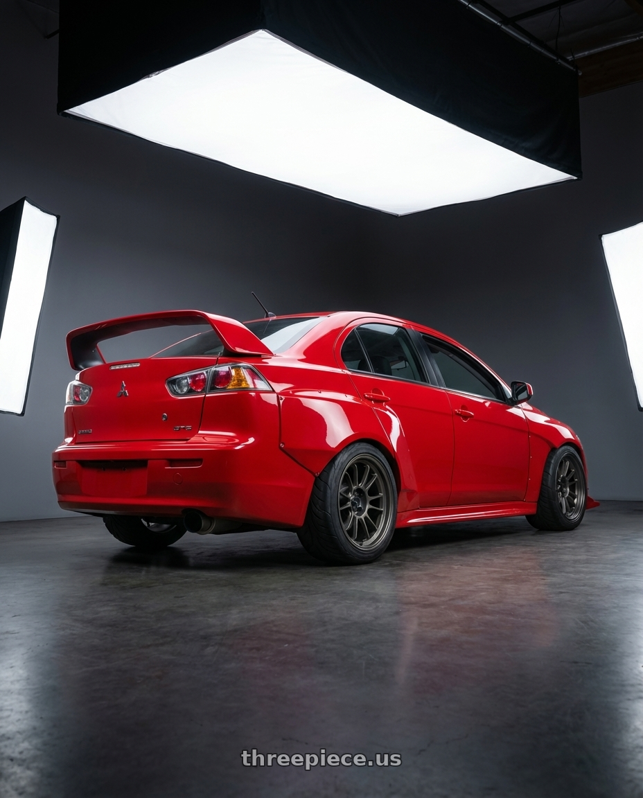 2009 Mitsubishi lancer gts with Konig Hypergram 5x114.3 18x11+40 Matte Grey wheels rear three quarter view meaty tires