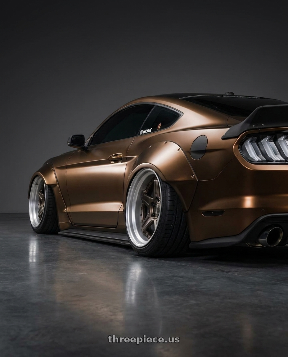2017 ford mustang  with Work Seeker Mx 4x100 18x10.5+38 R Disk Matte Silver Polish wheels rear three quarter view extreme stretch tires