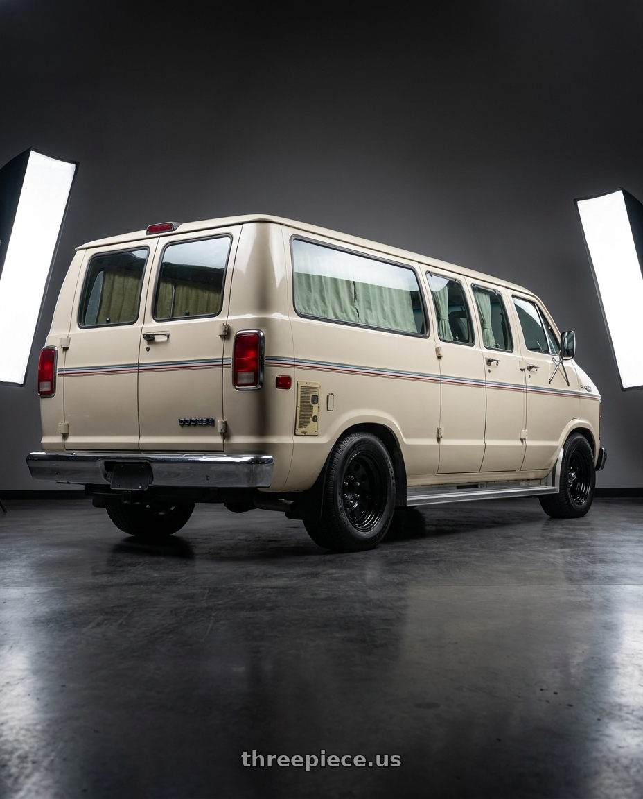 1979 Dodge B200 with Vision HD 85H 5x139.7 15x8-19 Gloss Black wheels rear three quarter view square tires