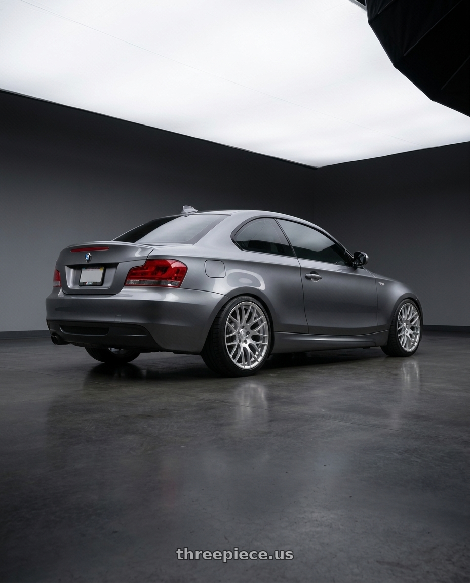 2012 BMW 1 Series E82 with Avant Garde Wheels M359 5X120 18x9.5 +33 Hyper Silver wheels rear three quarter view square tires
