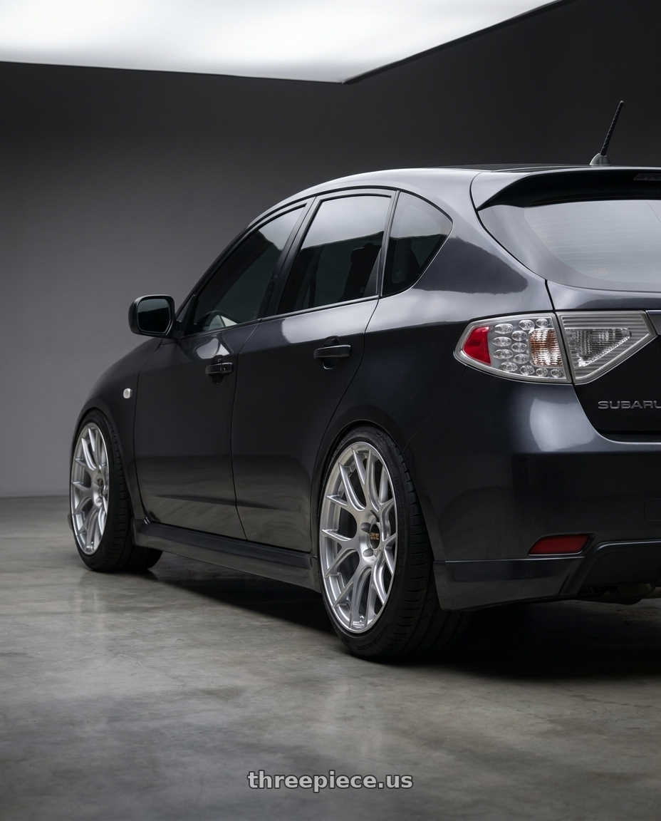 2008 subaru impreza 2 0 with BBS RE-V7 5x114.3 18x8.5 +42 Diamond Silver wheels rear three quarter view extreme stretch tires