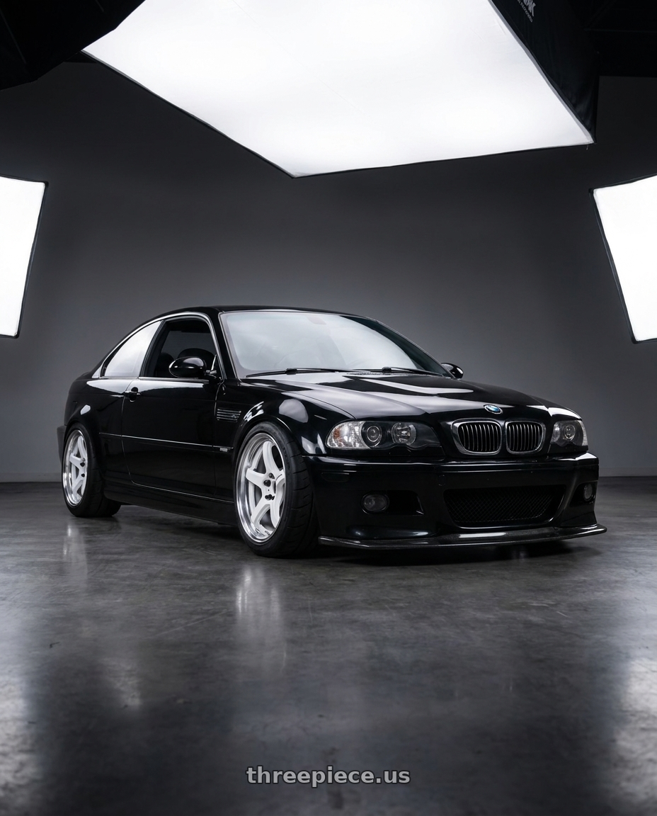 2004 BMW M3 with Work T5R 2P 5x120 18x9.5 +45 WHITE wheels front three quarter view lowered stance