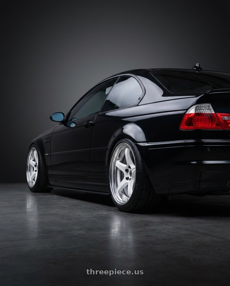 2004 BMW M3 with Work T5R 2P 5x120 18x9.5 +45 WHITE wheels rear three quarter view meaty tires