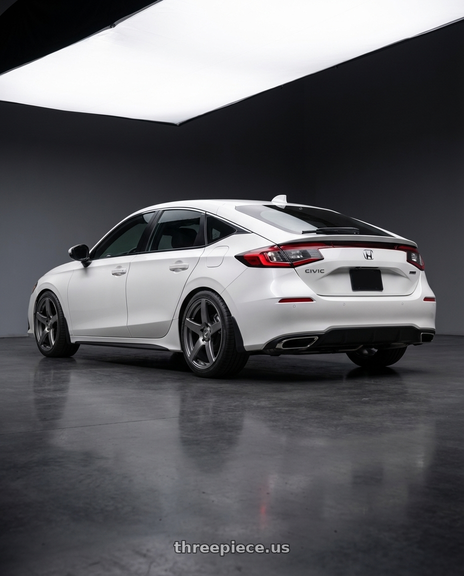 2024 Honda Civic with Forgestar CF5 5x114.3 18x9 +35 Gloss Anthracite wheels rear three quarter view square tires