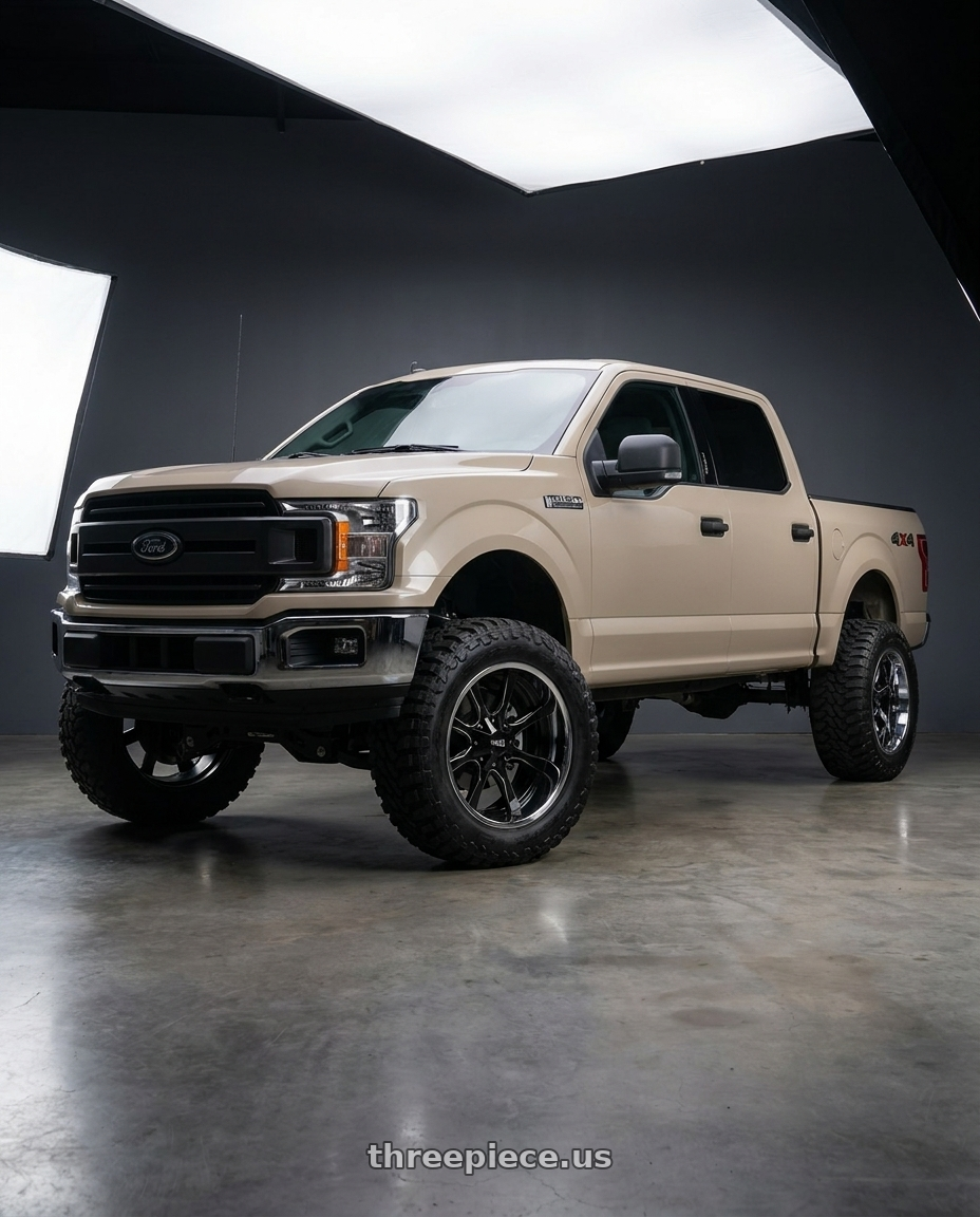 2019 Ford F-150 with Moto Metal MO201 6X135/6X139.7 22X12 -44 GLOSS BLACK MILLED CENTER CHROME LIP wheels
