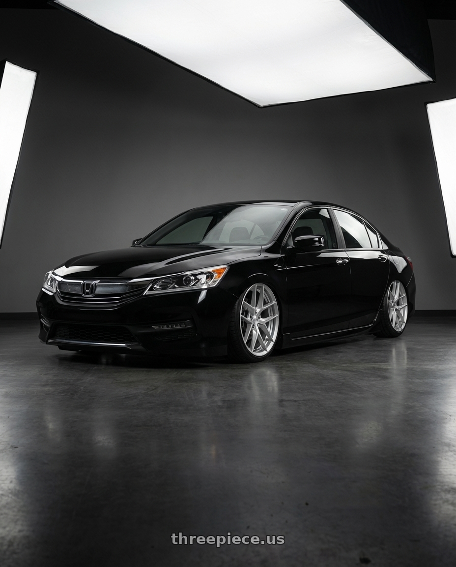 2017 Honda Accord Sport Sedan  with Rotiform 1PC R133 FLG 5X112 19X8.5 +45 GLOSS SILVER wheels front three quarter view slammed stance