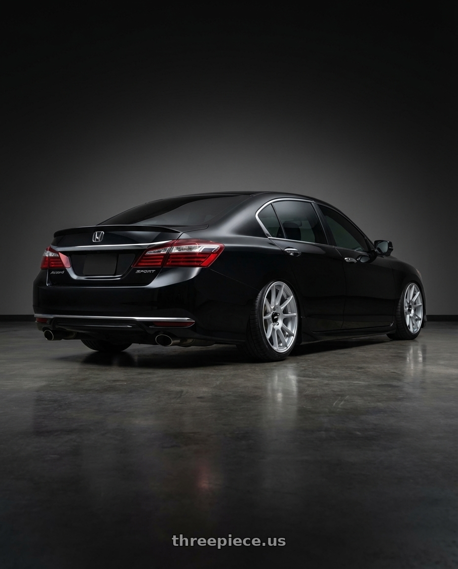 2017 Honda Accord Sport Sedan  with Rotiform 1PC R133 FLG 5X112 19X8.5 +45 GLOSS SILVER wheels rear three quarter view slight stretch tires