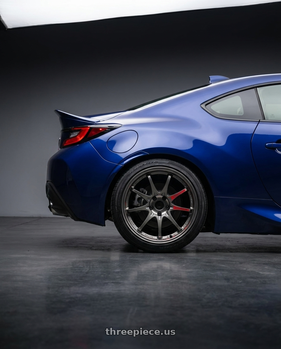 2026 toyota GR86 with Volk Racing CE28SL 5x100 18x8.0+48 wheels rear three quarter view square tires