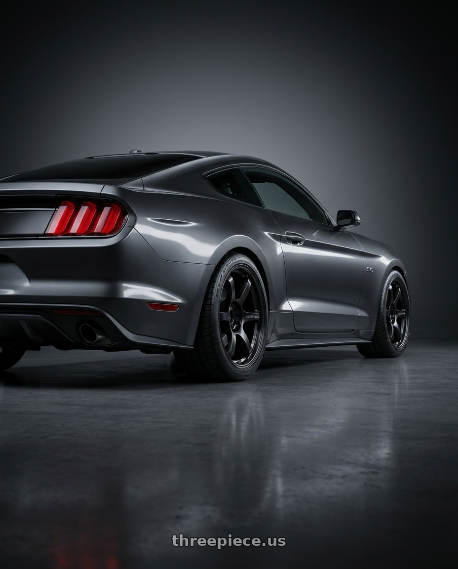 2017 Ford mustang with Gram Lights 57DR 5x114.3 19x10.5+35 Semi Gloss Black wheels rear three quarter view square tires