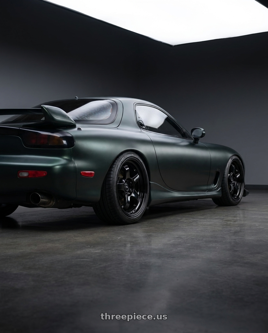 1993 mazda rx-7 with Work Meister S1 3P 5x100 18x8.5+3 A Disk Black wheels rear three quarter view square tires