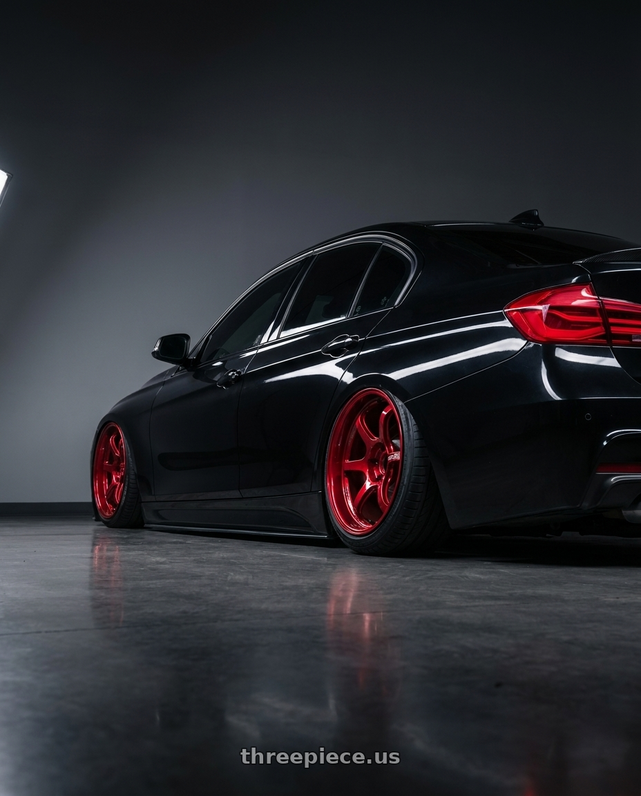 2016 bmw 328i xDrive with Advan Racing R6 5x120 18x9.5 +45 RACING CANDY RED wheels rear three quarter view square tires