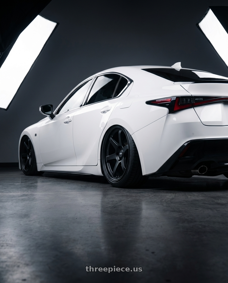 2024 Lexus IS 350 with ESR Wheels APEX SERIES AP6 5x114.3 19x11 +22 Matte Black wheels rear three quarter view slight stretch tires