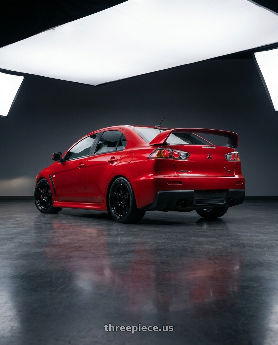 2012 Mitsubishi Lancer Evo X with Gram Lights 57CR 5x114.3 18x9.5+22 Glossy Black wheels rear three quarter view square tires