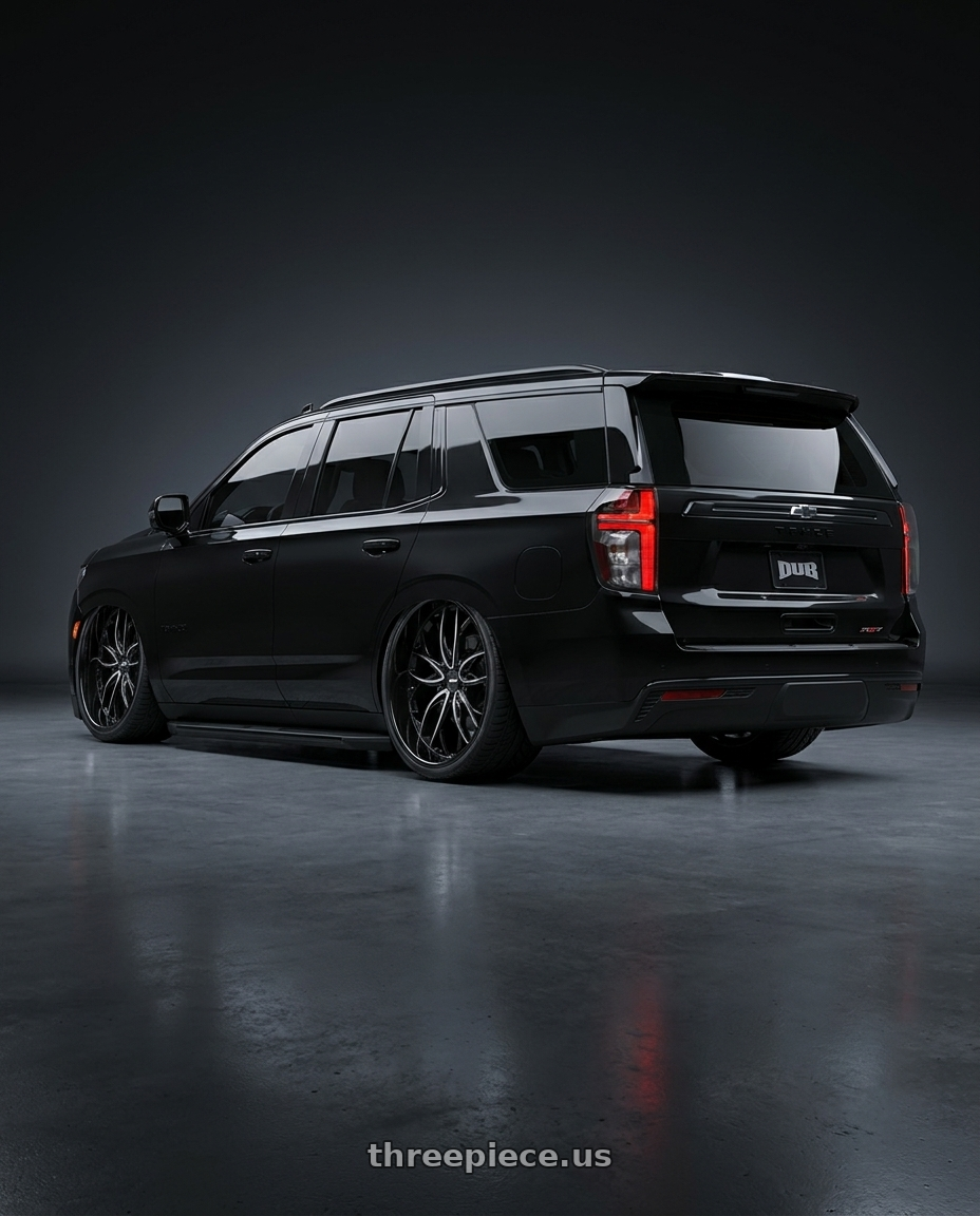 2022 RST Chevrolet Tahoe 6.2 engine lowered  with DUB 1PC S263 OG 6X139.7 26X10 +25 GLOSS BLACK MILLED wheels rear three quarter view meaty tires