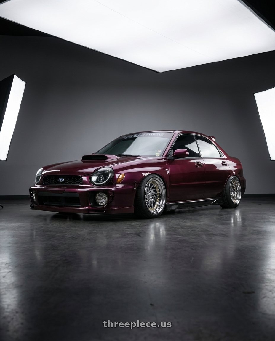 2002 Subaru Impreza wrx plum with Aodhan DS03 5x100 18x9.5 +35 Vacuum Chrome w/Gold Rivets wheels