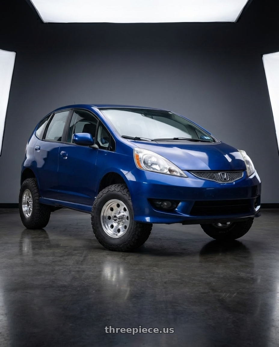 2010 honda fit with American Racing AR172 BAJA 5X127 15X7 -6 POLISHED wheels front three quarter view lifted stance