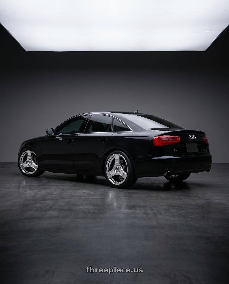 2013 Audi A6 with HERITAGE WHEEL BUSHIDO MONOC 5x100 18x9.5 +38 CHROME wheels rear three quarter view square tires