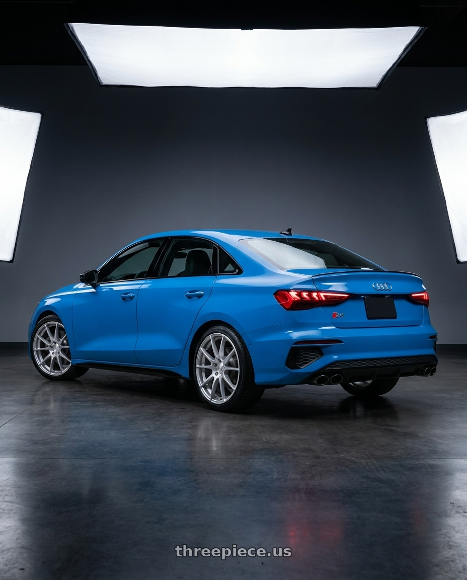 2023 Audi S3 with MRR GF6 5x112 19x8.5 +45 Silver Machine Face wheels rear three quarter view square tires