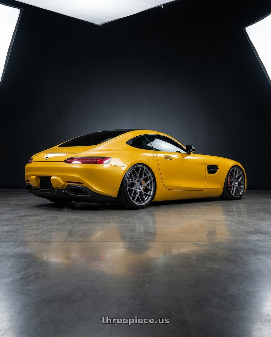 2019 Mercedes-Benz AMG GT with Aodhan AFF2 5x112 19x8.5+35 Matte Gray wheels rear three quarter view slight stretch tires