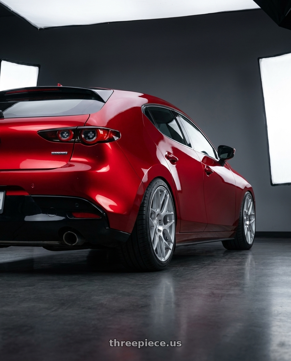 2024 Mazda 3 with Aodhan AFF2 5x112 19x8.5+35 Gloss Silver Machined Face wheels rear three quarter view square tires