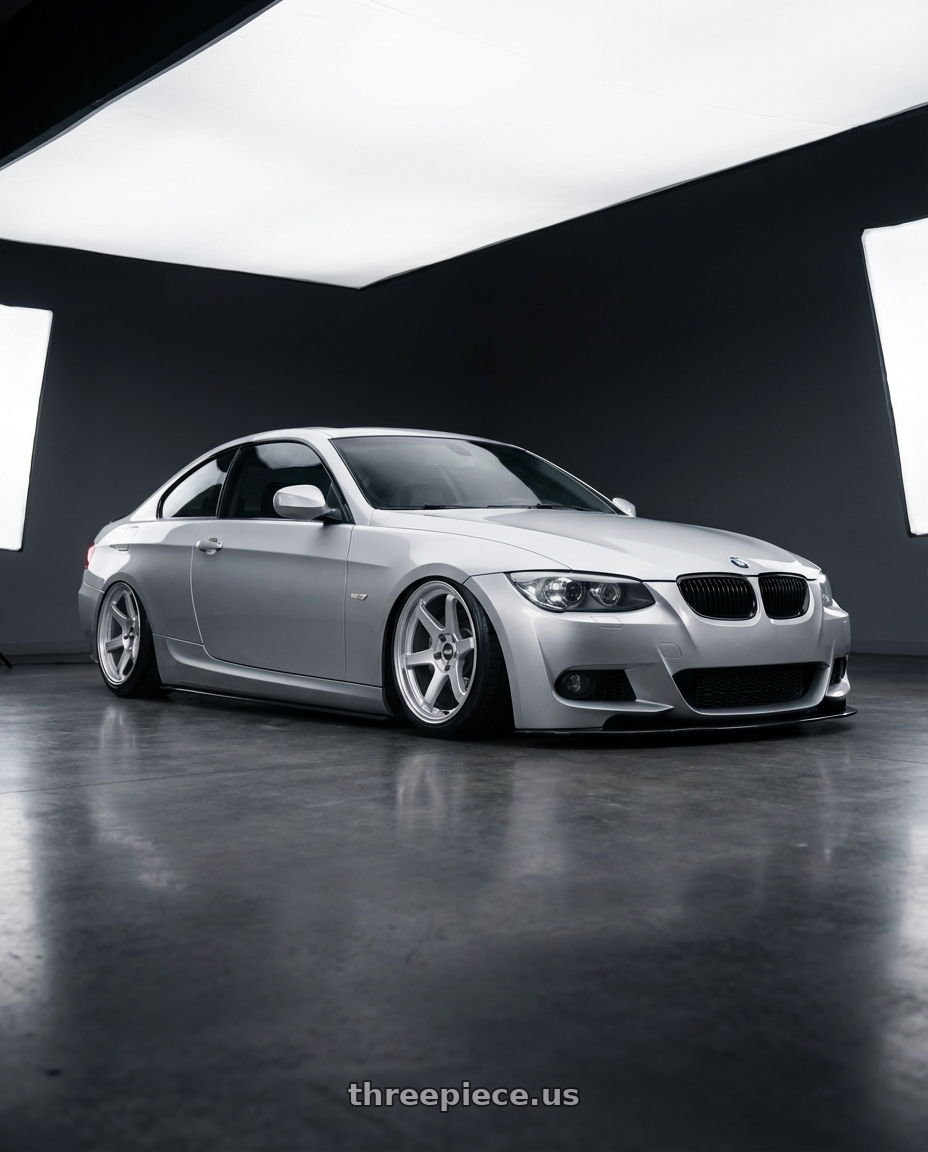 2012 BMW 3 Series E92 with ESR Wheels APEX SERIES AP6 5x120 19x8.5 +30 Hyper Silver wheels front three quarter view stanced stance