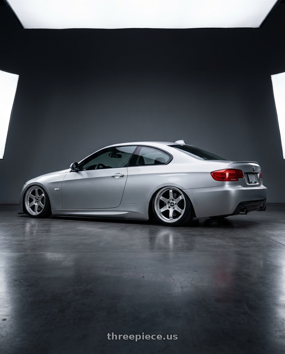 2012 BMW 3 Series E92 with ESR Wheels APEX SERIES AP6 5x120 19x8.5 +30 Hyper Silver wheels rear three quarter view slight stretch tires