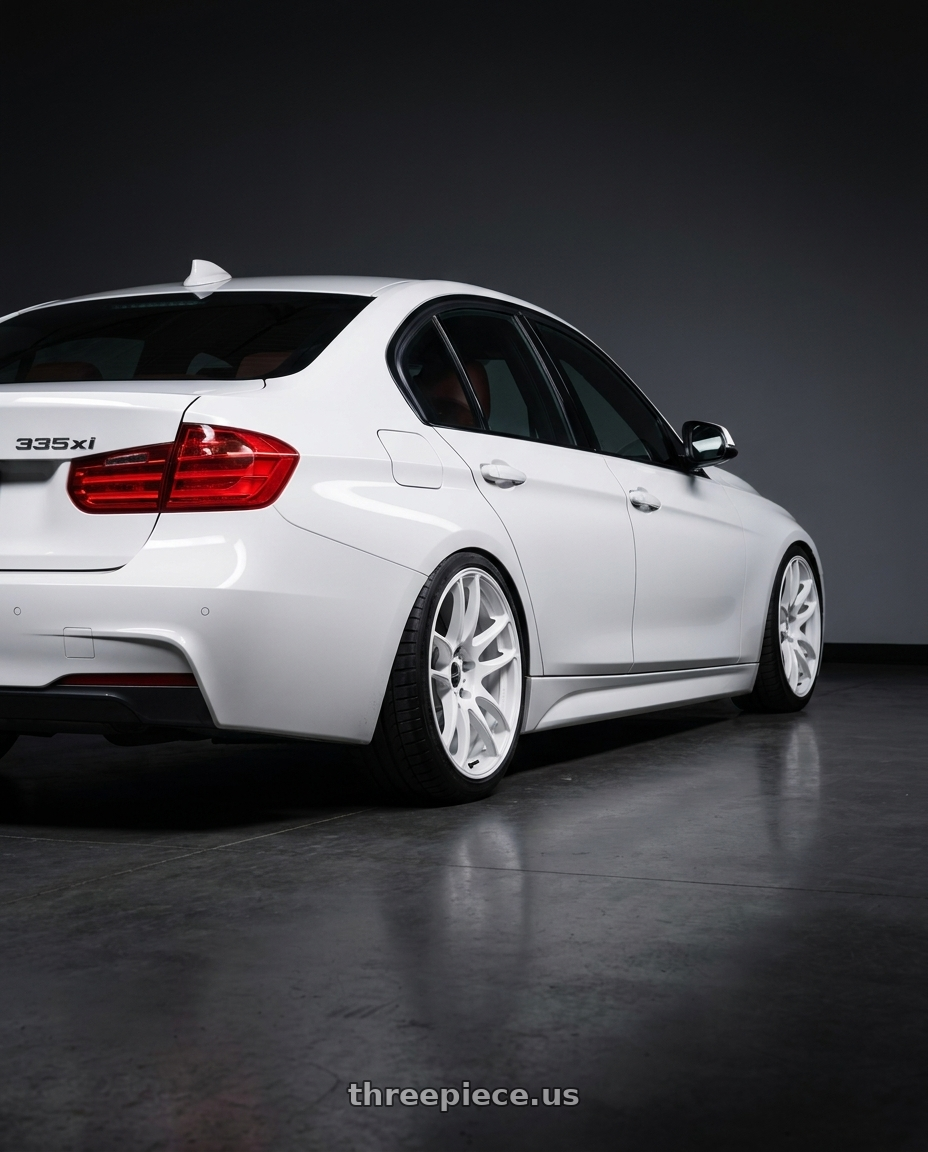 2013 bmw 335xi alpine white with Work Emotion CR Kiwami wheels rear three quarter view slight stretch tires