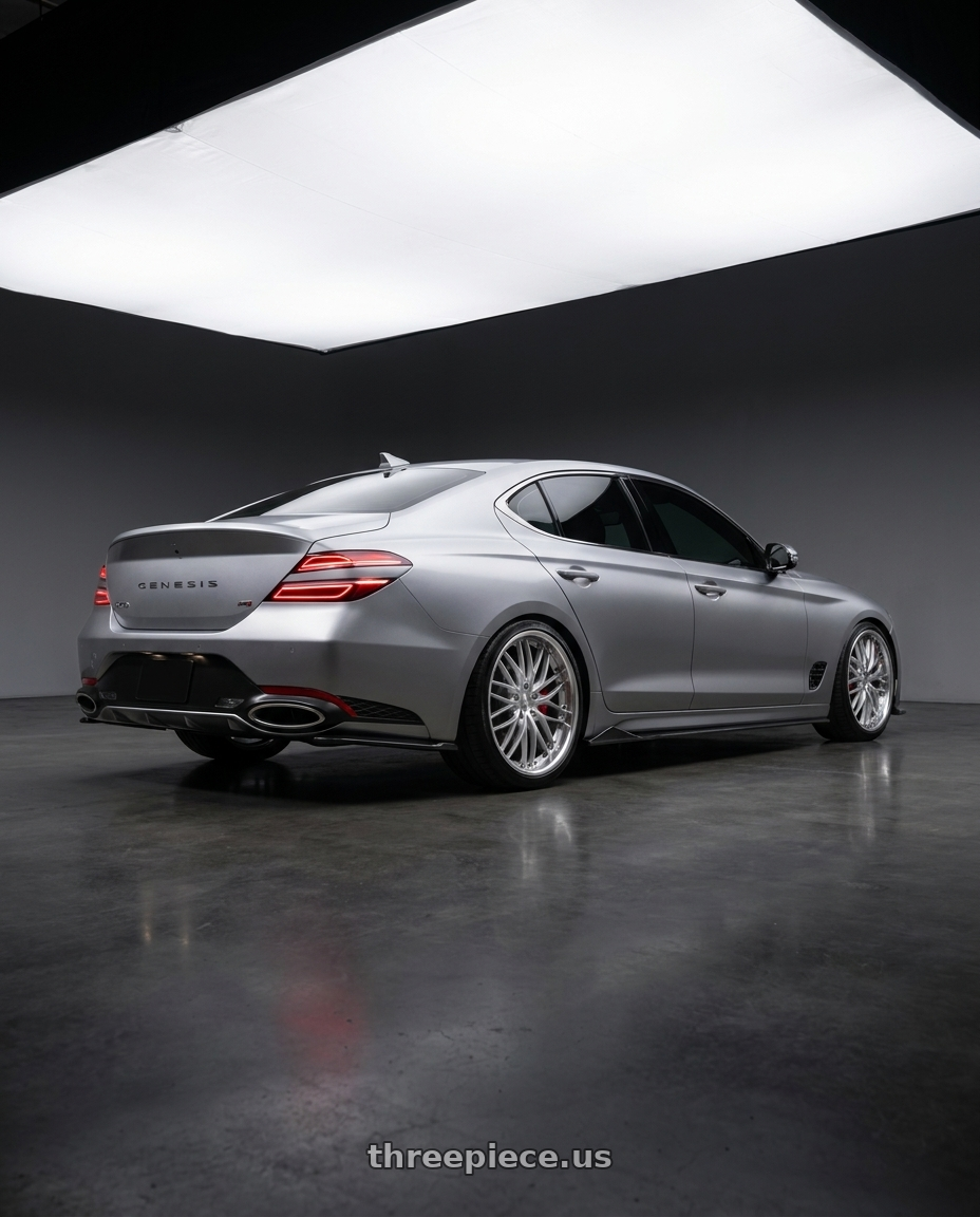 2024 Genesis g70 with MRR GT1 5x114.3 20x10  +40 Hyper Silver Machine Lip wheels rear three quarter view slight stretch tires