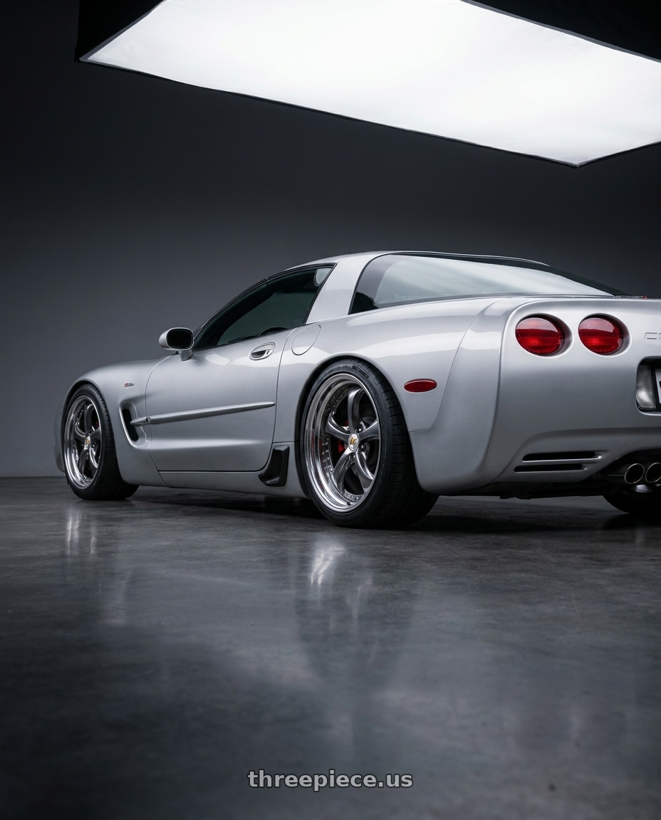 2002 Chevrolet Corvette with Work Wheels VS-KF 5x120.65 19x11.5+2 Brilliant Silver Black O Disk STEP RIM wheels rear three quarter view square tires