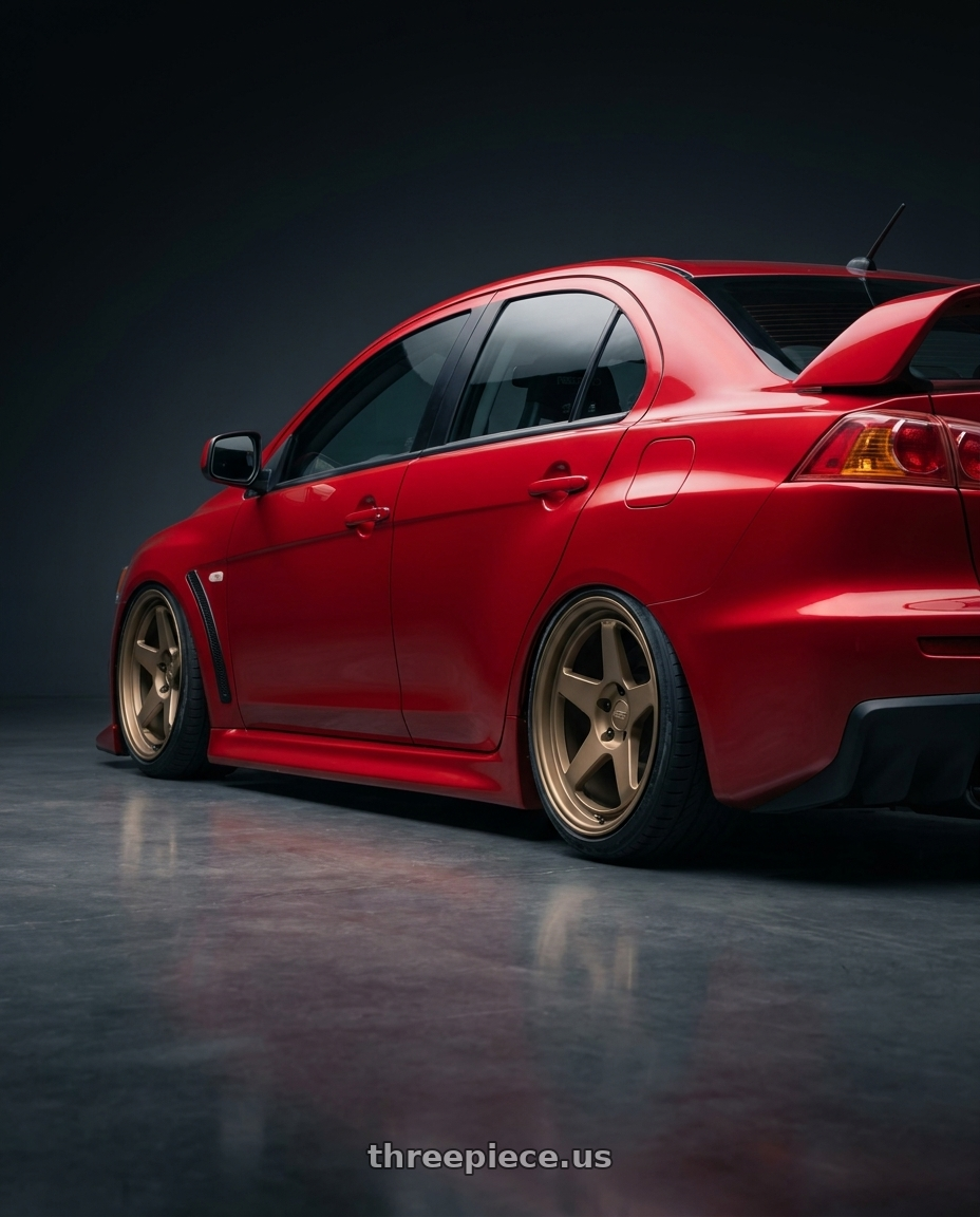 2012 Mitsubishi Lancer Evo X with Kansei K12B KNP 5x114.3 18x9 35 Bronze wheels rear three quarter view slight stretch tires
